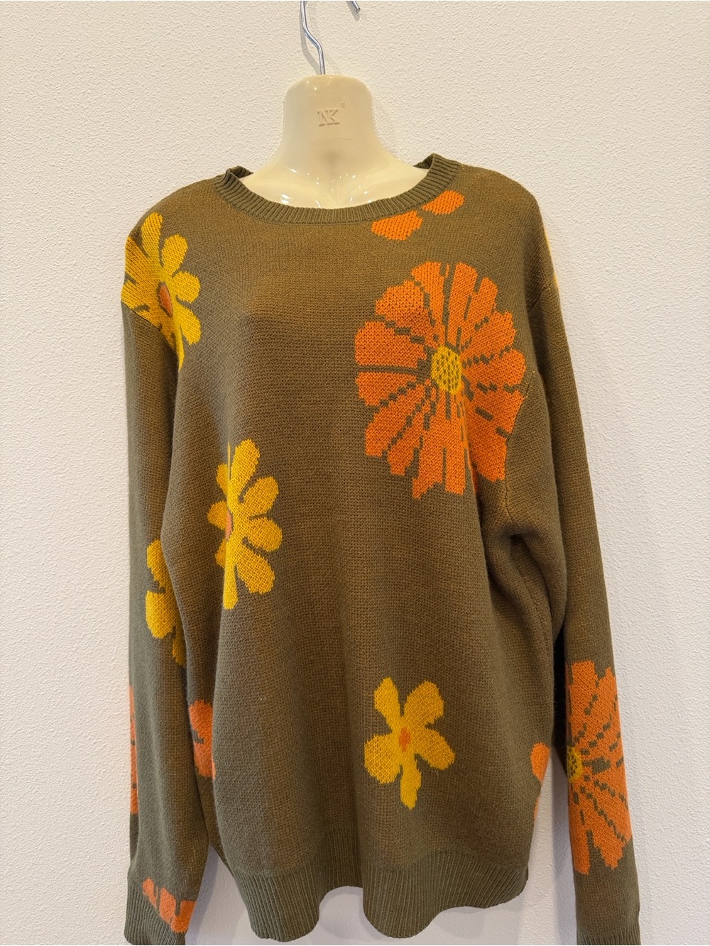 Women's Olive Floral Crewneck Sweater with Orange & Yellow flowers Size XL